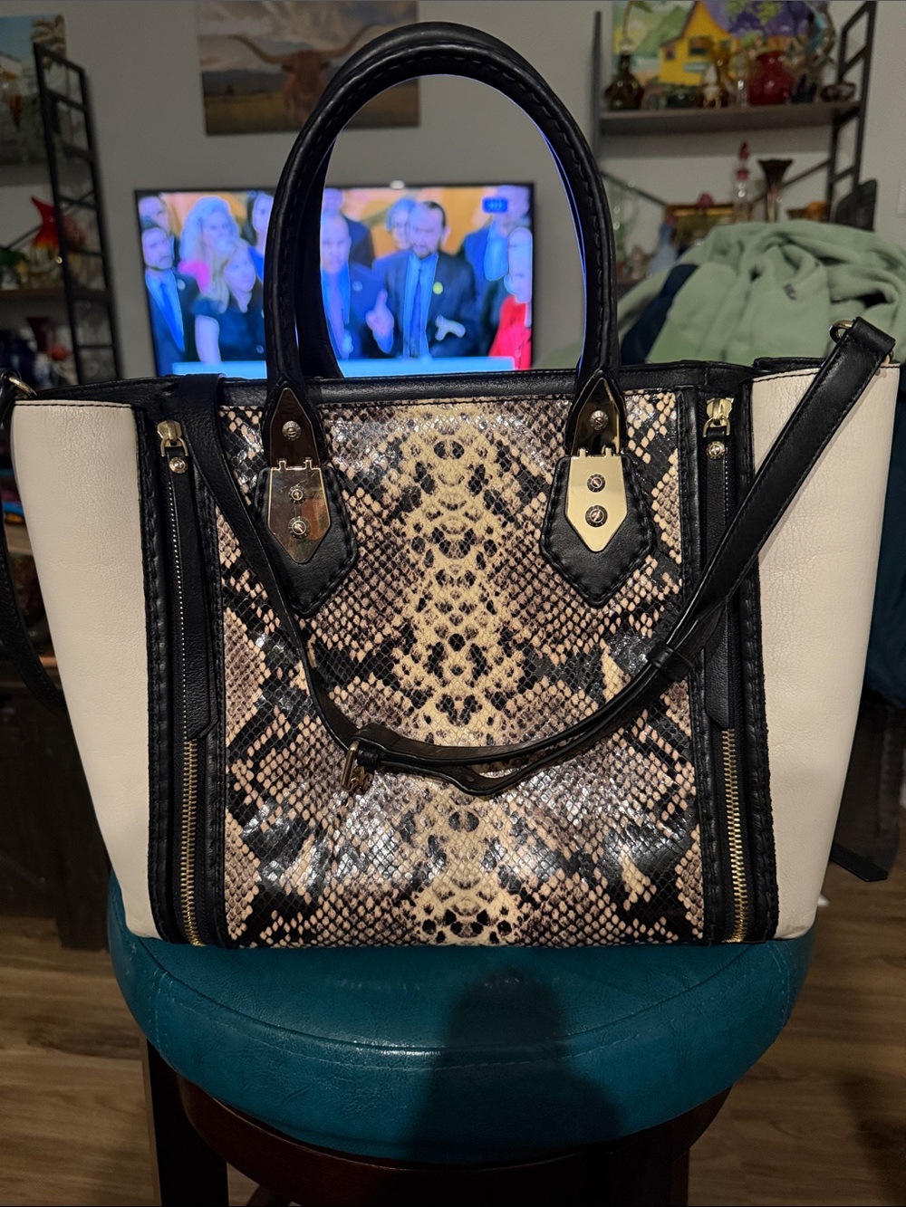 Henri Bendel A-List Satchel Bag Tote Python Embossed Crossbody Print 10” x 13”